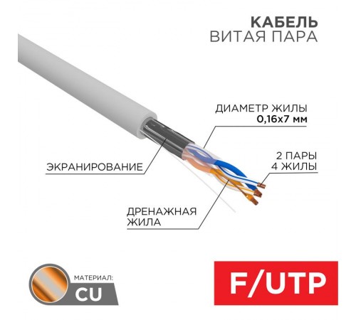 Кабель FTP  2PR  24AWG  CAT5e  305м  STRANDED  01-0125  REXANT