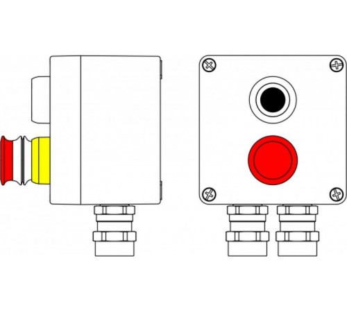 Ex пост управления из алюминия; 1Ex d e IIC T6 Gb X / Ex tb IIIB T80°CDb X / IP66; Аварийная кнопка красная, 1NC/1NO -1 шт; Кнопка черная,1NC/1NO -1 ш