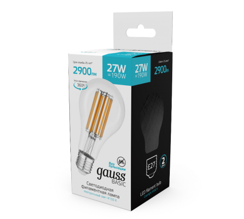 Лампа светодиодная   Basic Filament А70 27W 2900lm 4100К Е27 LED 1/10/40  40712272  Gauss