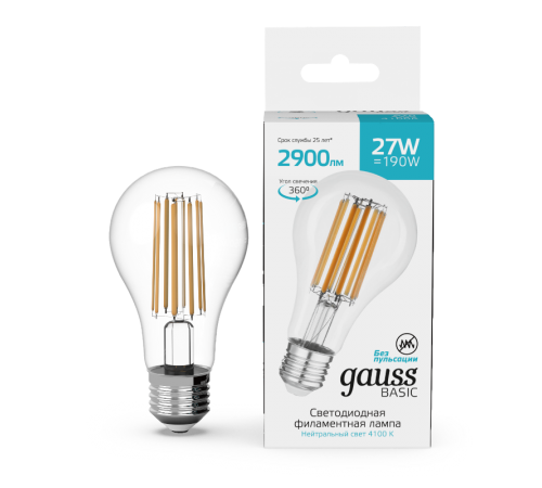 Лампа светодиодная   Basic Filament А70 27W 2900lm 4100К Е27 LED 1/10/40  40712272  Gauss