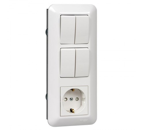 Blanca Белый С/У Блок: Розетка с заземлением + Выключатель 2-клавишный + Выключатель 2-клавишный (индивидуальная упаковка)  BK2VR-008B-BI  SE