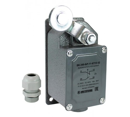 ВК-300-БР-11-67У2-32, рычаг с роликом, с сальником, ход влево, самовозврат, ступень 3- 61мм, IP67, выключатель концевой  ET502349  Электротехник