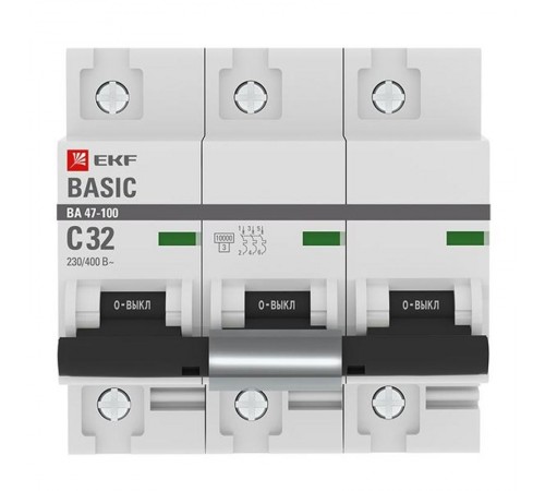 Выключатель автоматический трехполюсный 3P 32А (C) 10kA ВА 47-100 Basic  mcb47100-3-32C-bas  EKF
