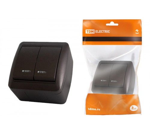 Выключатель 2-кл. открытой установки с подсветкой IP44 10А шоколад "Селигер"  SQ1818-0204  TDM