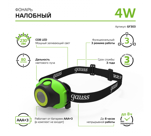 Фонарь налобный GFL303 4W 230lm 3xAAA LED 1/12/60  GF303  Gauss