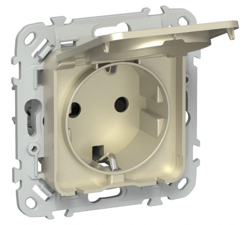 FLITE Розетка с заземлением со шторками с крышкой быстрозажимные клеммы 16А IP44 РСшкр11-1-44-ФлШ шампань  FI-R16-16-1-44-K37  IEK
