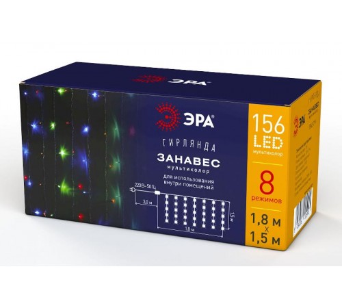 Гирлянда светодиодная  Дождь/Занавес 1,8 м*1,5 м мультиколор 8 режимов,  ENIZ-01M  , 220V, IP20 (60/720)  Б0041900  ЭРА