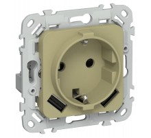 FLITE Розетка с заземлением со шторками 16А с USB A+A 3,1А РСЮша11-0-ФлО оливковый  FI-R14-16-U21-D31-K26  IEK