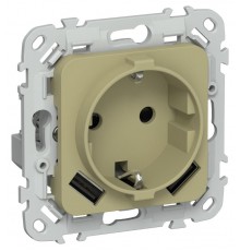 FLITE Розетка с заземлением со шторками 16А с USB A+A 3,1А быстрозажимные клеммы РСЮша11-1-ФлО оливковый  FI-R14-16-1-U21-D31-K26  IEK