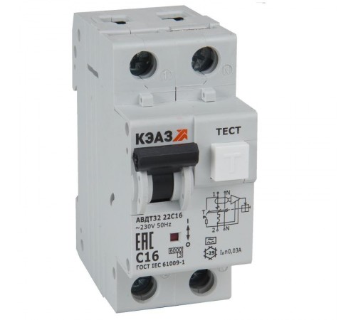 Выключатель автоматический дифференциального тока АВДТ32-22C16-A-УХЛ4 2п 16А C 30мА тип A  228065  КЭАЗ