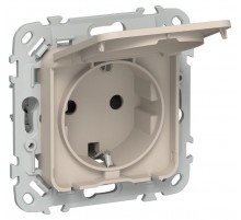 FLITE Розетка с заземлением со шторками с крышкой. 16А IP44 РСшкр11-0-44-ФлЛ льняной  FI-R16-16-44-K88  IEK