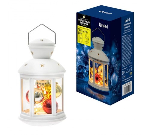 Фонарь с LED гирляндой внутри  ULD-L1220-012/TTB/WW WHITE   на батарейке 12 диодов 3000К режим мерцания белый корпус. 12*20 см  UL-00002310  Uniel