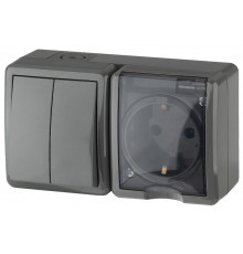 Блок розетка+Выключатель 2-клавишный 11-7402-03 IP54, 16АХ(10AX)-250В, ОУ, Эксперт, Серый (8/80/  Б0020736  ЭРА