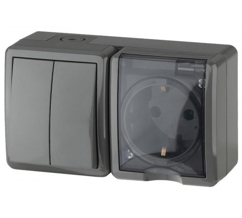 Блок розетка+Выключатель 2-клавишный 11-7402-03 IP54, 16АХ(10AX)-250В, ОУ, Эксперт, Серый (8/80/  Б0020736  ЭРА