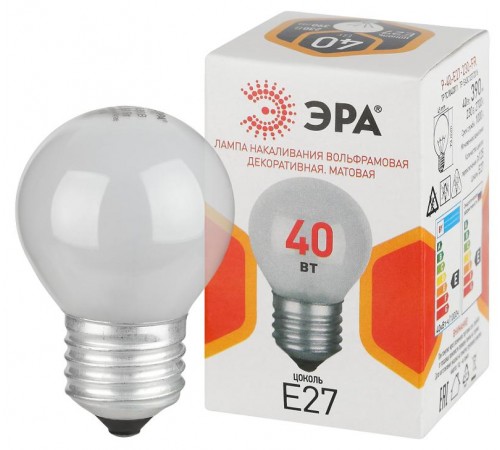 Лампа накаливания  P45 40Вт Е27 / E27 230В  шар матовый  Б0066392  ЭРА