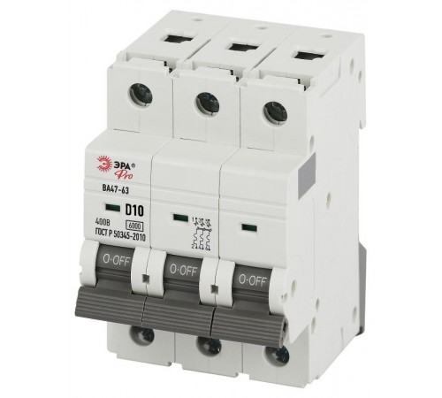 Автоматический выключатель PRO VA63-3P10D6 ВА47-63 3P 10А кривая D 6кА   Б0063226  ЭРА