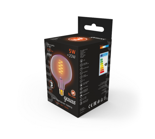 Лампа светодиодная LED Filament Flexible G125-C Pink E27 5W 190lm 1800K 125*178mm 1/10  1011802105  Gauss
