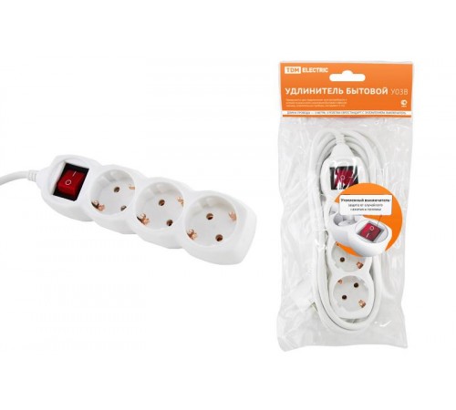 Удлинитель бытовой  У03В выключатель, 3 гнезда, 3метра, с заземлением, ПВС 3х1мм2  16А/250В   SQ1303-0101  TDM