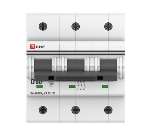 Выключатель автоматический трехполюсный ВА 47-125 80А D 15кА PROxima  mcb47125-3-80D  EKF