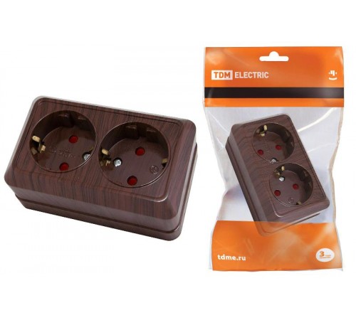 Розетка двойная 2П+З открытой установки с з/ш IP20 16А, бук "Ладога"   SQ1801-0040  TDM