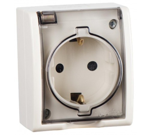 Розетка IP54 с крышкой, заземлением и шторками Schuko 2Р+Е 16A 250В цвета слоновая кость S15 Aqua  1594432-031  Simon