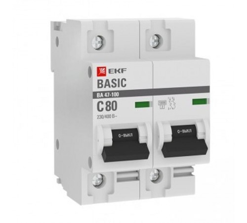 Выключатель автоматический двухполюсный 2P 80А (C) 10kA ВА 47-100 EKF Basic  mcb47100-2-80C-bas  EKF