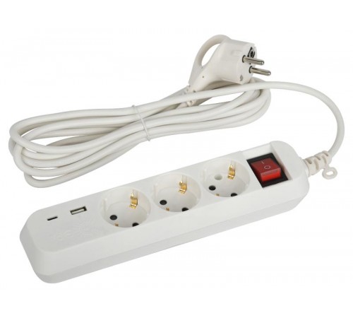 Удлинитель электрический  UB-3es-3m-USB c заземлением с выключателем 3 розетки + 1xUSBA+1xUSBC 3м 10А   Б0052898  ЭРА