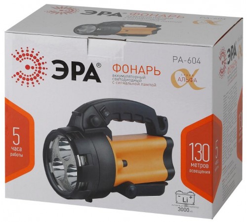 Фонарь прожекторный  PA-604  АЛЬФА 3x1Вт LED SMD, литий 3Ач, сигнал.св., ЗУ 220V+12V, карт]  Б0031035  ЭРА