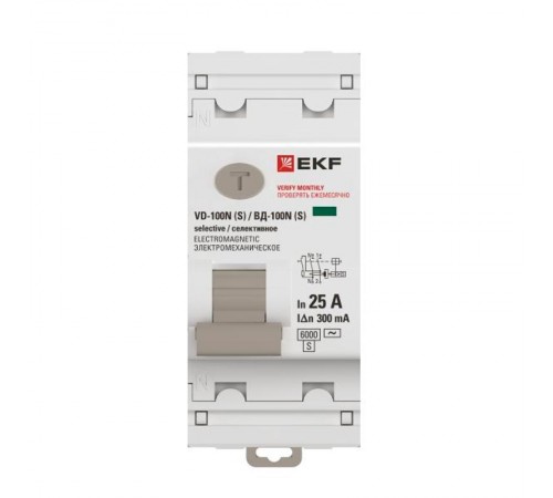 Выключатель дифференциального тока ВД-100N (S) 2P 25А 300мА тип AC эл-мех 6кА PROXIMA EKF  E1026MS25300  EKF