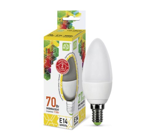 Лампа светодиодная LED-СВЕЧА-standard 7.5Вт 230В Е14 3000К 675Лм  4690612003924  ASD