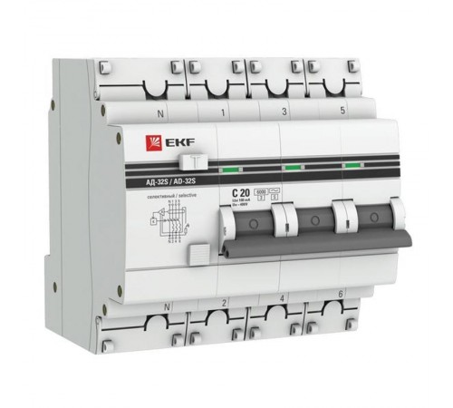 Дифференциальный автомат АД-32 (селективный) 3P+N 20А/100мА PROxima DA32-6-20-100S-4P-pro  EKF