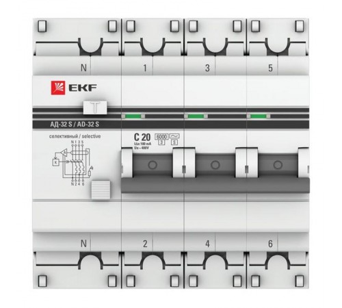 Дифференциальный автомат АД-32 (селективный) 3P+N 20А/100мА PROxima DA32-6-20-100S-4P-pro  EKF