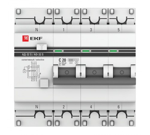 Дифференциальный автомат АД-32 (селективный) 3P+N 20А/100мА PROxima DA32-6-20-100S-4P-pro  EKF