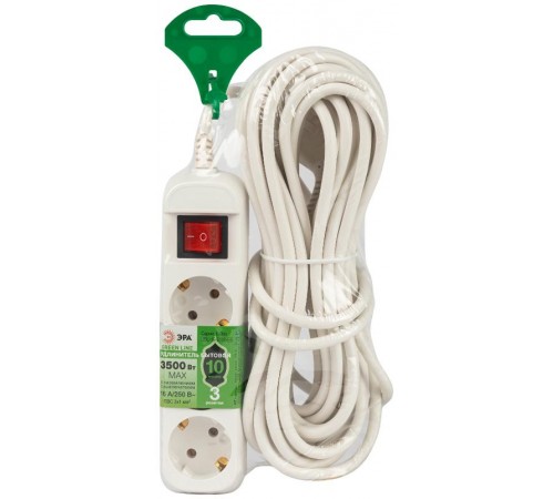 Удлинитель электрический ЭРА UDL-16-3100-ES Greenline 3 розетки с заземлением с выключателем 10м ПВС 3x1мм2   Б0065040  ЭРА