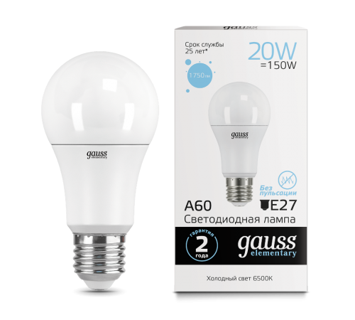 Лампа светодиодная LED 20Вт E27 220В 6500К Elementary A60  23239  Gauss