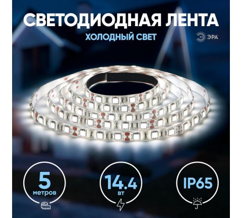 Лента светодиодная LS5050-14,4-60-12-6500K-IP65-1 year-5m  C0043047  ЭРА