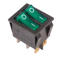 Выключатель клавишный 250V 15А (6с) ON-OFF зеленый с подсветкой ДВОЙНОЙ  36-2412  REXANT