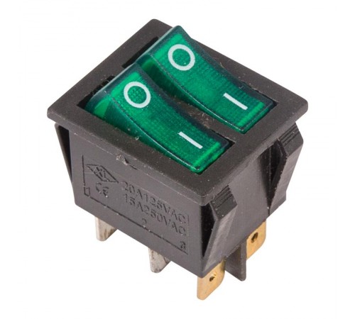 Выключатель клавишный 250V 15А (6с) ON-OFF зеленый с подсветкой ДВОЙНОЙ  36-2412  REXANT