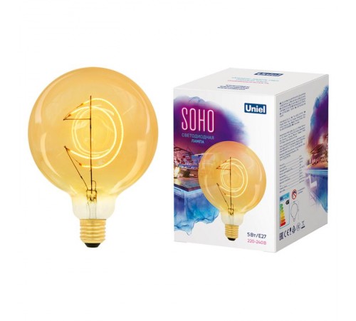 LED-SF02-5W-SOHO-E27-CW GOLDEN GLS77GO Лампа светодиодная SOHO. Золотистая колба. Филамент в форме месяца. Картон. ТМ Uniel  UL-00007625  Uniel