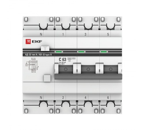 Выключатель автоматический дифференциальный АД-32 3P+N 63А/100мА (характеристика C, A, электрон., защита 270В) 6кА PROxima DA32-6-63-100-4P-a-pro  E