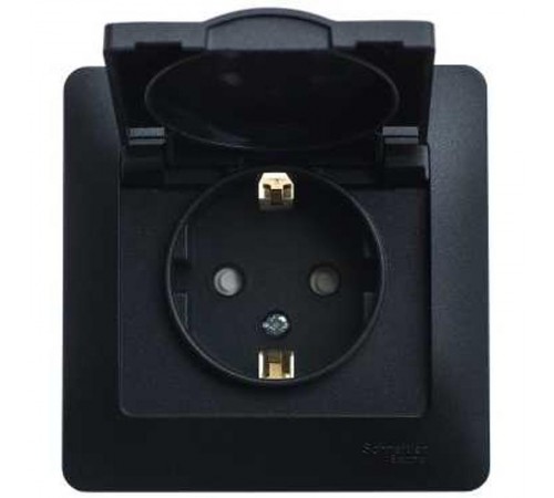 Glossa Антрацит Розетка с заземлением со шторками с крышкой, 16А, IP20 (в сборе)  GSL000746  SE