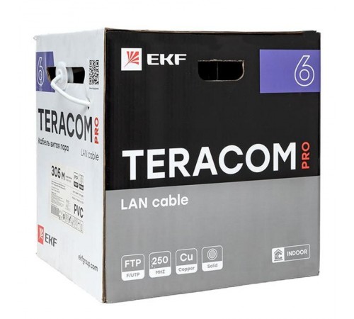 Кабель витая пара TERACOM PRO CAT.6 F/UTP 4 пары solid 23AWG цвет серый упак. 305м  TRP-6FTP-04PVC-GY-IN3  EKF