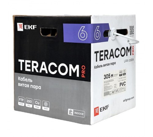 Кабель витая пара TERACOM PRO CAT.6 F/UTP 4 пары solid 23AWG цвет серый упак. 305м  TRP-6FTP-04PVC-GY-IN3  EKF