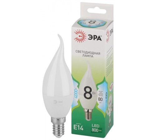 Лампа светодиодная  GREEN LINE LED BXS-8W-840-E14 GL E14 8 Вт свеча на ветру яркий белый свет  Б0067114  ЭРА