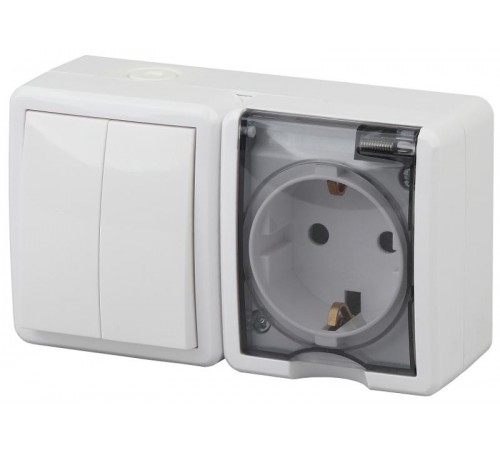 Блок розетка+Выключатель 2-клавишный 11-7402-01 IP54, 16АХ(10AX)-250В, ОУ, Эксперт, Белый (8/80/ Б0020735  ЭРА