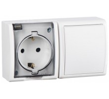 Блок IP54. Розетка с крышкой и заземлением Schuko 2Р+Е 16A + Однополюсный выключатель 10AX 250В белого цвета S15 Aqua  1594511-030  Simon