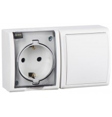 Блок IP54. Розетка с крышкой и заземлением Schuko 2Р+Е 16A + Однополюсный выключатель 10AX 250В белого цвета S15 Aqua  1594511-030  Simon