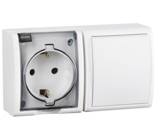 Блок IP54. Розетка с крышкой и заземлением Schuko 2Р+Е 16A + Однополюсный выключатель 10AX 250В белого цвета S15 Aqua  1594511-030  Simon