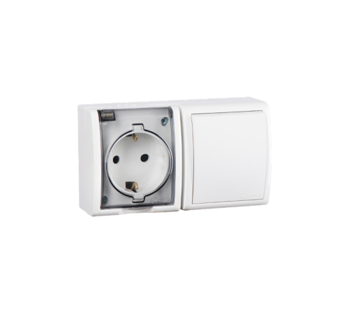 Блок IP54. Розетка с крышкой и заземлением Schuko 2Р+Е 16A + Однополюсный выключатель 10AX 250В белого цвета S15 Aqua  1594511-030  Simon
