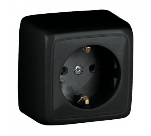 Розетка открытой установки, одноместная, с заземляющим контактом, с изолирующй пластиной, цвет черный  РА16-113-08  HEGEL